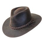 B&S Premium Leather Fedora - Wide Brim Hat Leather - Water Resistant - Dark Brown (Size 58)