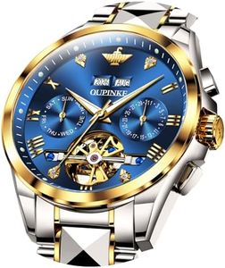 OLEVS Automatic Mechanical Watches for Men Skeleton Tourbillon Tungsten Steel Band Wrist Men's Watch Large Blue Face 50M Waterproof Luminous Mens Watches Luxury Self-Wind Watch for Business & Casual