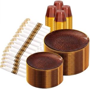 Rubtlamp 700Pcs Amber Gold Plastic Dinnerware Set, Hammered Clear Gold Plates, Fancy Plastic Plates Include 100 Dinner Platos, 100 Salad Platos, 100 Cups,100 Pack Pre Rolled gold plastic Silverware