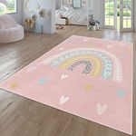 TT Home Nursery Area Rug Kids Rug For Bedroom Girls Boys Modern Rainbow Cloud Rug Animal Motif Colourful, colour:Pink Rose 2, Size:120 cm round