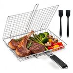 SHTALHST BBQ Fish Grilling Basket, Stainless Steel BBQ Grill Basket, Folding Portable Grill Basket with Removable Handle for Grilling Fishes, Vegetables, Shrimp with Basting Brush and Storage Bag