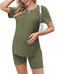 Ekouaer Women's Maternity 2 Piece Set Outfits Short Sleeve Shirts and Biker Shorts Ribbed Knit Pregnancy Pajamas Mama Clothes