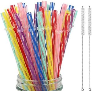 32 Pieces Reusable Plastic Straws Fit for Mason Jars, Tumblers, BPA-FREE, 9" Rainbow Colored unbreakable Drinking straws with 2 Cleaning Brushes and Straw Carrying Case- Eco-friendly