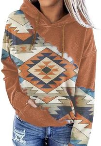 Lanaoree Western Outfit For Women Ethnic Print Comfy Hoodie Fashion Long Sleeve Hooded Sweatshirts for Women Brown Small