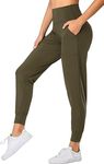 Oalka Women's Joggers High Waist Yoga Pockets Sweatpants Sport Workout Pants, Olive Green, Medium