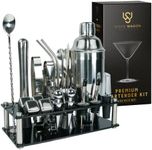 Mixology Bartender Kit – 24 Piece Silver Cocktail Shaker Set w/Stand – Essential Home Bar Accessories Martini Shaker, Jigger, Muddler, Chilling Cubes & More