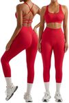 OMKAGI Women Ribbed Workout Sets Seamless Strappy Sport Bra Butt Lifting Leggings Outfits(S,04-Red)