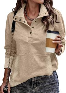 SHEWIN Womens Sweatshirt Casual Long Sleeve Lightweight Sweatshirts Loose Button V Neck Pullover Tops Fall Clothes for Women 2026,US 4-6(S),Khaki