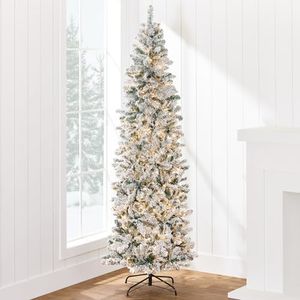 Best Choice Products Flocked Pencil Christmas Tree, Pre-Lit Slim Artificial Holiday Decoration, 12ft Lighted Skinny w/Base, Warm White Lights