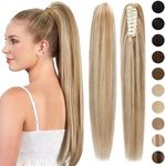 S-noilite Claw Clip Ponytail Extension Human Hair #12P613 Golden Brown mix Bleach Blonde Real Remy Human Hair Ponytail Extension 14inch Long Straight Hair Pony Tails Hair Extensions For Women 105Grams