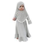 IDOPIP Baby Girls Muslim Abayas Dress with Hijab 2PCS Prayer Clothes Set for Toddler Girl Long Sleeve Ramadan Dresses Islamic Dubai Robe Kids Full Maxi Kaftan Casual Thobe Outfits Gray 18-24 Months