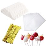 300 Pcs Cake Pop Sticks Set, 100Pcs 4in Lollipop Sticks, 100Pcs Parcel Bags and 100Pcs Twist Ties, Paper Sticks for Cakepop, Lollipop, Hard Candy, Cake Lollipop Pops Making Tools