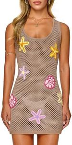 FAIRY SEASON Women's Crochet Beach Cover Up with Hand-Embellished 3D Starfish & Seashells, Sleeveless Dress for Vacation Khaki