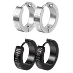 Aroncent 2Pairs Mens Earrings, Norse Viking Runes Huggie Hoop Earrings for Men Women Black Silver Goth Mens Earing Stainless Steel 12mm