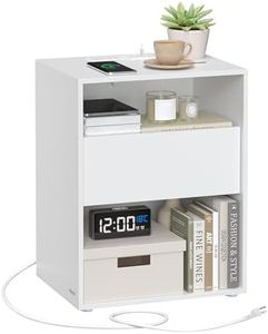 VASAGLE Superfast Toolless Assembly, Nightstand, Bedside Table with Charging Station, Side Table, End Table, Modern Minimalist, Drawer, Bedroom, Matte White ULET777W01