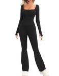 AFFA Jumpsuits for Women long Sleeve Square Neck Bodysuit Wide Leg One Piece jumpsuit Full Length Bodycon Romper Playsuit(Black,M)