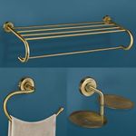 Plantex 304 Grade Stainless Steel Bathroom Accessories Set of 3 - Towel Stand/Napking Hanger/Dual Soap Holder for Bathroom - Daizy (Brass Antique)