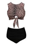 bslingerie Women Push Up Bikini Scoop Neck Crop Tank Top High Waisted Bikini Set Bathing Suit, Leopard Print, Large