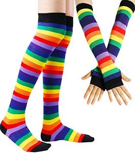 YELAIVP Stripe Rainbow Thigh High Socks Over Knee Socks Fingerless Gloves Set Cosplay Accessories Arm Leg Warmers for Girls Women