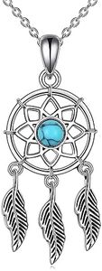 YFN Dream Catcher Necklace 925 Sterling Silver Dreamcatcher Feather Necklace Dream Catcher Turquoise Pendant Dream Catcher Jewelry Gifts for Women Teens Girls, 33*13mm, Sterling Silver, Created Turquoise