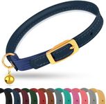 OOPSDOGGY Rolled Leather Cat Collar with Bell - Reflective Kitten Collar with Safety Elastic Strap - Adjustable Small Pet Collars for Boy Girl Cats (Blue)