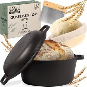 Chefarone Gusseisen Topf 26 cm 4,6 l mit Gärkorb und Teigschaber – Brotbacktopf mit Deckel, Induktion & Backofen geeignet – Vielseitiger Bräter zum Backen, Schmoren, Braten, Kochen