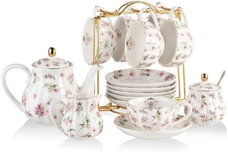 Porcelain Tea Sets British Royal Series, 8 OZ Cups & Saucer Service for 6, with Teapot Sugar Bowl Cream Pitcher Teaspoons and Tea Strainer, Suitable for High Tea, Wedding, Party（Spring Flowers）