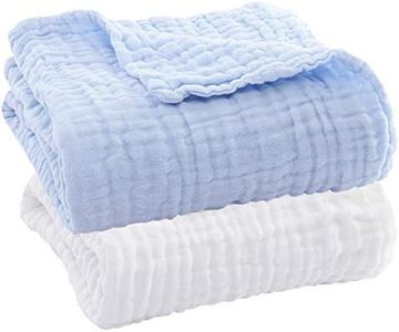 Aablexema Baby Muslin Bath Towels - Set of 2 Large Size 43X43 Inches Swaddle Blanket for Newborn Toddlers Boys Girls (White & Blue)