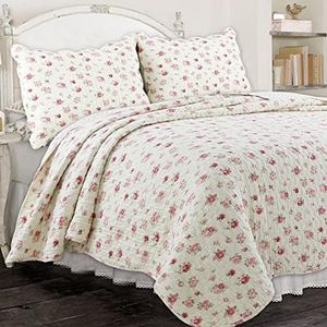 Cozy Line Home Fashions Pink Rose Garden Floral Reversible Coverlet Bedspread Quilt Bedding Set (Ivory/Roses, Queen - 3 Piece)