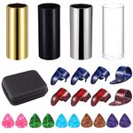 Topus 4 Pieces Medium Guitar Slides(Include 3 Colors Stainless Steel, 1 Pieces Glass), 6 Pieces Guitar Picks and 4 Pieces Plastic Thumb & Finger Picks in Storage box