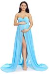 ZIUMUDY Maternity Chiffon Strapless Maxi Photography Dress Split Front Gown for Photoshoot (B - Blue)