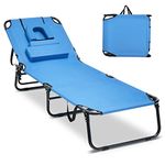 COSTWAY Folding Sun Lounger, Beach Face Down Tanning Chair with Face Hole, 3 Removable Pillows & 5-Position Adjustable Backrest, Heavy-Duty Sunbathing Recliner Chaise Lounge Chair (Blue)