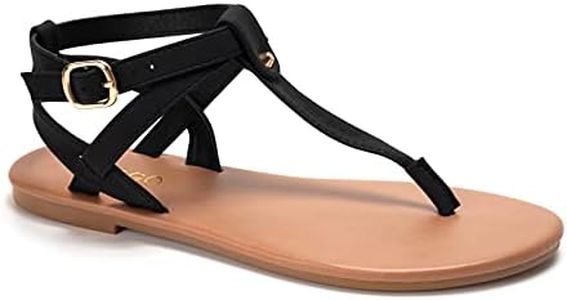 Colgo Thong Flat Sandals, Casual T Strap Dress Sandals, Adjustable Ankle Buckle Dress Thong Sandals with Strappy for Women Summer Wedding, Black/Sdl, 8