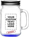 DISCOUNT PROMOS 50 Handle Mason Jars with Lids Set, 16 oz. - Personalized Text, Logo - Traditional style, Drinking, Glassware - Blue