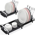 Expandable Dish Drying Rack, Compact Dish Rack, Stainless Steel Dish Drainer with Removable Cutlery Holder, Anti Rust Plate Rack, Small Sink Drainer for Sink or Kitchen Countertop, Black