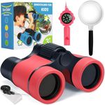 Binoculars for Kids, Kids Binoculars Toys for 3 4 5 6 7 8 Years Boys and Girls, Set with Magnifying Glass & Compass - Birthday Gifts Outdoor Toy for Kid Ages 3-8 Toddler Camping (Rose red)