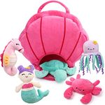 BenBen Ocean Stuffed Animal, 5 Pack Small Sea Creature Plush Toys and Shell Carrying Bag Set, Cute Plushies Easter Gift for Baby Kids, Sea Turtle, Octopus, Mermaid, Seahorse, Crab