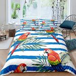 Palm Leaf Bedding Set Parrot Comforter Cover Hawaiian Tropical Leaves Duvet Cover Bird Blue Lines Stripes Quilt Cover 3 Pcs King Size White Breathable Decortion