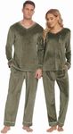 Ekouaer Couples Matching Pajamas Sets Velvet PJs Set for Men and Women Velour Long Sleeve Sleepwear S-XXL Army Green