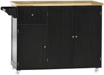 HOMCOM Rolling Kitchen Island on Wheels, Kitchen Island Cart with Rubber Wood Top, Towel Rack, Storage Cabinets and Drawer, Black