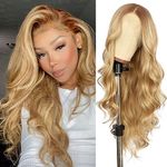 Sapphirewigs Long Wavy Wig for Women Synthetic Lace Front Wig Ombre Honey Blonde Body Wavy Wig Heat Resistant Fiber Wig for Daily Party Use 26 Inch