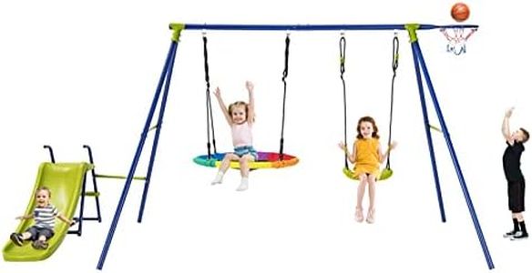 Costzon Swing Sets for Backyard, 4-in-1 Heavy Duty Large Metal Swing Frame w/2 Adjustable Swings, Slide, Basketball Hoop, Play Equipment for Indoor Outdoor Gift Kids 3-12 Years Old