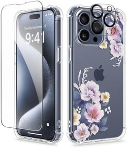 GVIEWIN for iPhone 15 Pro Case Floral, with Screen Protector+Camera Lens Protector, [Not Yellowing]Slim Shockproof Clear Protective Phone Cover for Women, Flower Pattern Design (Begonia Flowers/Blue)