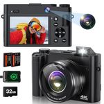 4K Digital Camera 64MP Autofocus Rear and Front Camera for Photography, Compact Digital Camera with 32GB Card, 2 Batteries, Flash, 16X Digital Zoom, Anti-Shake for Beginners