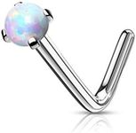 FIFTH CUE Opal Prong set Top 316L Surgical Steel L Bend Nose Stud Rings (18GA - 2mm Opal White)