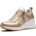 Gold Ladies Wedge Heel Trainers - Womens Fashion High Heel Trainers, Lace-up Casual Shoes, Platform Canvas Shoes W139-FN-UK-GOLD-6