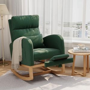 GarveeHome Corduroy Rocking Chair with Footrest, Modern Nursery Glider Chair with Side Pockets and Pillow, Rocker Chair for Living Room Bedroom Nursing Room, Green