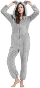 PEHMEA Women's Onesie Pajamas Sherpa Plush Hooded Romper Cozy Winter Sleepwear Holiday Party One Piece PJs for Adults, Teens(Grey-M)