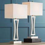 360 Lighting Roxie Modern Table Lamps 31" Tall Set of 2 Brushed Nickel Silver Metal Off White Fabric Rectangular Shade for Bedroom Living Room House Bedside Nightstand Home Office Entryway