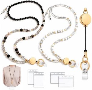 2 Pcs Lanyards for ID Badges and Keys - Natural Stone Beaded Teacher Lanyard for Women, Retractable with ID Holder Cute Lanyard Teacher Nurse Office Staff Badge Necklace for Women Black White